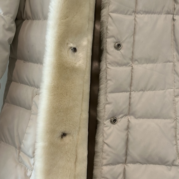 Like New! Long Cream Puffer Coat w/Faux Fur Lined Detachable Hood and Accents - Picture 2 of 9
